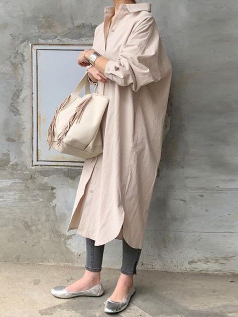 Style Bleu, Mode Tips, Cotton Shirt Dress, Cotton Long Sleeve Shirt, Solid Color Shirt, Plus Size Kleidung, Polyester Dress, 가을 패션, Long Shirt