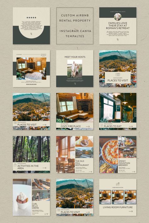 Earthy and cozy Airbnb cabin canva templates for Roman’s Retreat. The earthy colour palette creates a relaxed and welcoming aesthetic for guests. Custom Airbnb canva templates for hosts to create a consistent luxury experience. Airbnb templates for Canva, house logo, Airbnb branding, Airbnb social media templates for Canva, branding, logo inspiration, canva template, Airbnb host tips, #rentalhost #canvatempalte #vacationrental #airbnb #airbnbhost #AirbnbCabinBrand #airbnbmarketing Airbnb Graphic Design, Airbnb Logo Aesthetic, Airbnb Social Media Marketing, Airbnb Instagram Post Ideas, Airbnb Social Media Posts, Airbnb Advertising Ideas, Airbnb Instagram Feed, Airbnb Social Media, Airbnb Branding