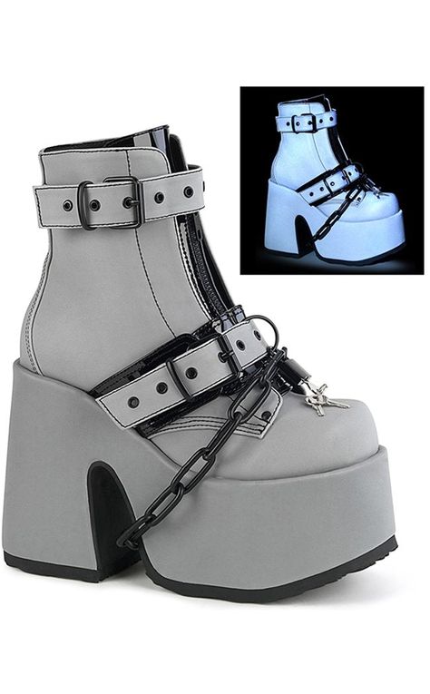 CAMEL-205 Grey Reflective Platform Boots-Demonia-Tragic Beautiful Long Platform Boots, Alternative Boots, Alt Shoes, Punk Festival, Platforms Shoes, Casual Shoes Women Sneakers, High Platform Shoes, Demonia Boots, Chains Silver