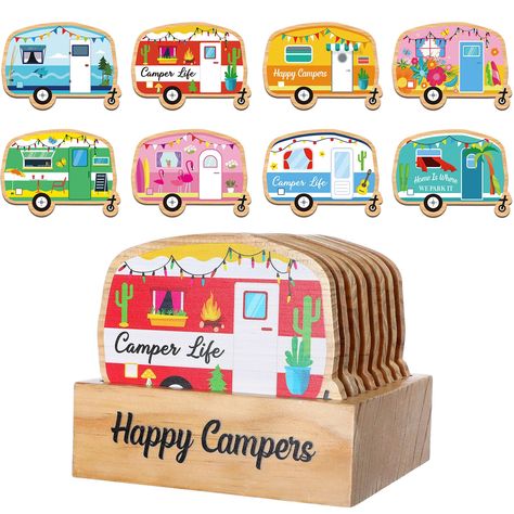 PRICES MAY VARY. Camper Coasters with Storage Holder: ensure your home remains tidy with our thoughtfully packaged set, which includes 8 camper coasters and a comfortably sized holder; After use, simply stack your coasters into the wooden holder for organized storage, saving your precious table or countertop space Attractive and Functional Design: crafted from quality wood material, these coasters are not only sturdy and reliable, but also deliver a natural aesthetic to your drink ware; The cute Coasters Wood, Coasters With Holder, Retro Campers, Organized Storage, Drink Ware, Natural Aesthetic, Camper Decor, Gifts For Campers, Camper Life