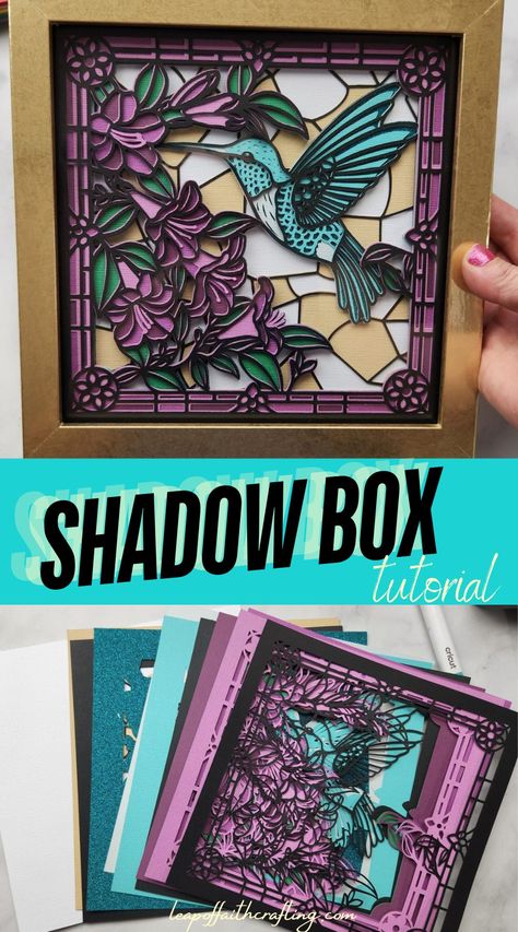 Learn how to make a beautiful 3D faux stained glass shadow box out of cardstock with a Cricut machine. Hummingbird Shadow Box Ideas, Diy Layered Shadow Box Ideas, 3d Paper Shadow Box Templates, 3d Shadow Box Template Free, Paper Crafts With Cricut, Free 3d Shadow Box Cricut Svg Free, Cricut 3d Shadow Box Ideas, Shadow Box Decor Ideas, Cricut Shadow Box Ideas Diy