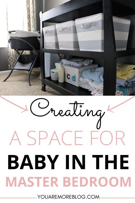 Creating a space for baby in the master bedroom. Small nursery spaces in the master bedroom are perfect for newborns. Small Bedroom With Nursery Shared Master, Main Bedroom Shared Nursery, Limited Space Nursery Ideas, Next To Me Crib Set Up, In Bedroom Nursery, Small Corner Nursery Master Bedrooms, Baby Nook In Parents Room, Micro Nursery Small Spaces, Baby In Master Room Ideas