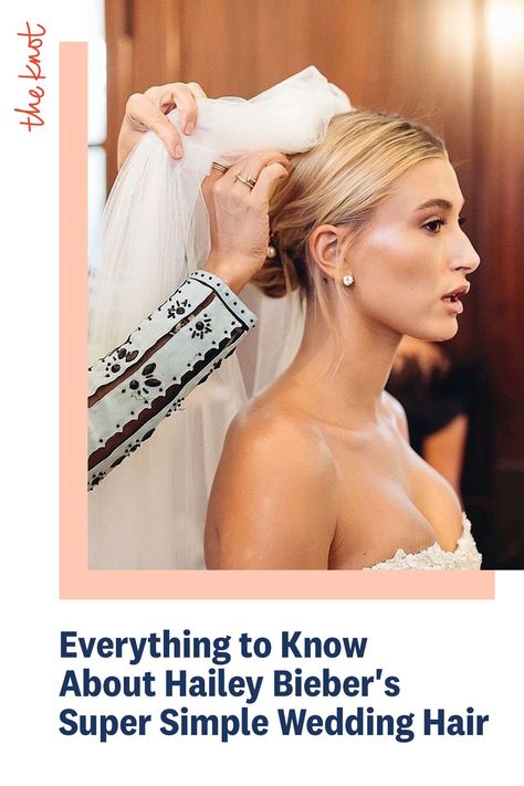 Want to rock Hailey Bieber's pearl-adorned wedding hair updo? It’s surprisingly a super simple wedding hairstyle. She rocked a laid-back look: A low chignon with a sleek center part and pearl hair pins. For the ceremony, Beiber wore a custom embroidered veil. Check out more wedding hairstyle inspiration on The Knot! Center Part Low Bun Wedding Updo, Low Knotted Bun Wedding, Hailey Beiber Bride, Low Bun With Hair Pins, Wedding Hair Hailey Bieber, Hailey Wedding Hair, Hailey Bieber Wedding Veil, Chic Bun Wedding Hair, Hailey Bieber Wedding Hair And Makeup