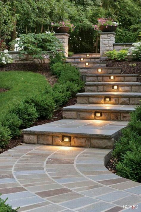 Landscaping Steps, City Gardening, Light Pathway, Lighting Landscape, Stone Step, Stairway Lighting, City Homes, Architecture Nature, Sloped Backyard