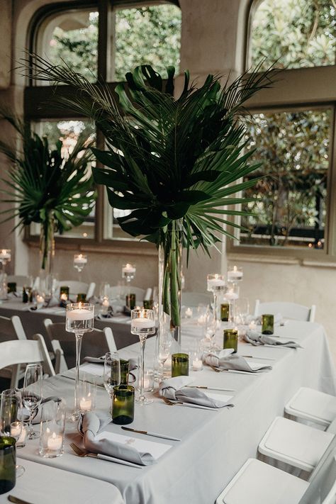 Tropical Leaf Centerpiece Wedding, Tropical Wedding Alter Ideas, Tropical Forest Wedding Theme, Modern Tropical Wedding Florals, Jungle Wedding Centerpieces, Palm Decor Wedding, Indoor Tropical Wedding Reception, Tropical Modern Wedding Decor, Classy Tropical Party