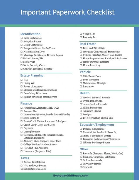 60+ Important Papers and Documents For a Home Filing System (Checklist) - Everyday Old House Legal Document Organizer, Financial Health Checklist, Divorce Checklist Printable, Divorce Checklist For Women, Medium Stacked Bob, Organize Calendar, Organization Paperwork, Emergency Preparedness Binder, Home Filing System