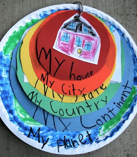 My World Project- such a clever way to teach little one about the great big world Social Studies Art Projects, World Activities For Kids, Kindergarten Geography, Usa Geography, Learning States, Geography Project, Global Awareness, Teaching Social Studies, Paper Plate