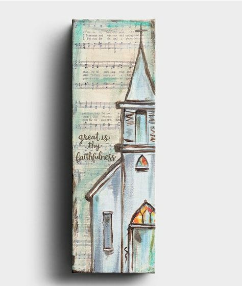 Farmhouse Paintings On Canvas, 4x4 Paintings, Hymnal Art, Hymnal Crafts, Great Is Thy Faithfulness, Hymn Art, Hymn Music, Country Churches, Church Pictures