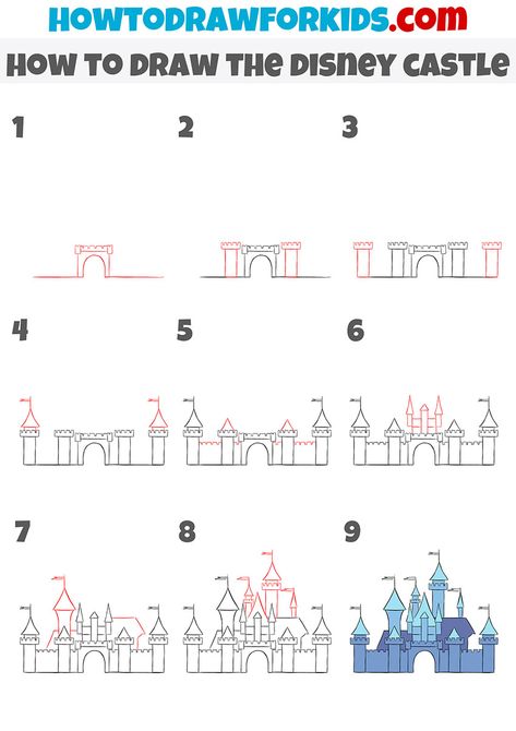 how to draw the disney castle step by step How To Draw Disney Castle Step By Step, Disney Doodles Step By Step, Castle Drawing Step By Step, Disney Castle Doodle, Disney Castle Wall Painting, Draw A Castle Step By Step, How To Draw A Castle Easy, Disneyland Drawings Easy, Princess Castle Drawing