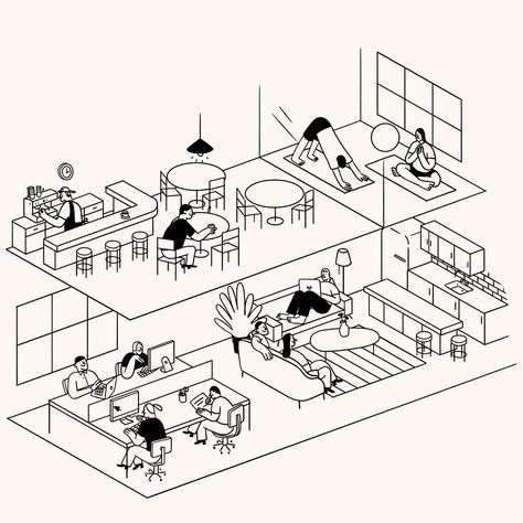 Working From_ is the new Coworking Space by The Hoxton Art Working Space, Interior Graphics Illustration, Artist Coworking Space, Art Coworking Space, Coworking Space Illustration, Work Space Illustration, Coworking Space Design Interiors, Co Working Space Architecture, Coworking Illustration