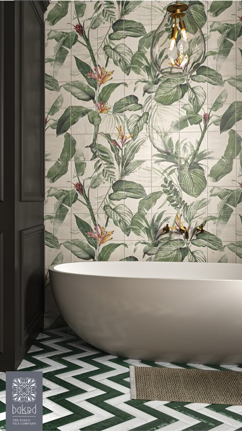 Botanically decorated tile mural surround a cream, open bath in a modern bathroom, designed by Baked Tiles. Bathroom Printed Tiles, Floral Bathroom Design, Printed Tile Bathroom, Italian Tiles Bathroom, Floral Bathroom Tile, Floral Tiles Bathroom, Tropical Tile Bathroom, Bathroom Italian Style, Bathroom Wall Tiles Design Patterns