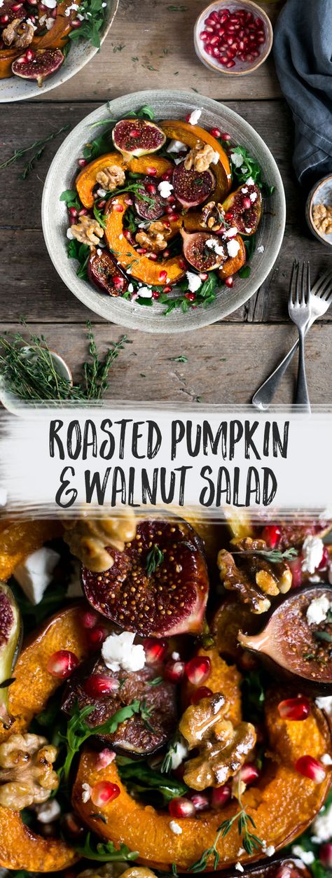 Roasted pumpkin salad with crunchy walnuts and caramelised figs #vegan #pumpkin #salad | via @annabanana.co Caramelized Figs, Roasted Pumpkin Salad, Roast Pumpkin Salad, Salad With Walnuts, Pumpkin Salad, Vegetarian Salad Recipes, Roasted Pumpkin, Vegan Salad Recipes, Walnut Salad