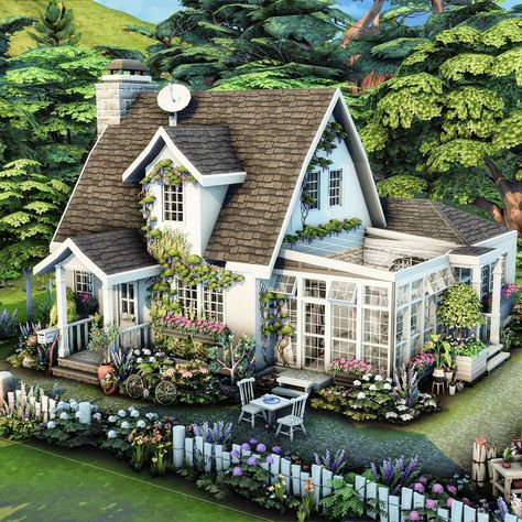 Karina Ashley | Peter Rabbits cottage. New speed build up. Link in bio. Inspired by the cottage from @officialpeterrabbit @peterrabbitmovie. No… | Instagram Cottage House Inspo Exterior, Build Inspo Sims, Cottage House Sims 4 Floor Plan, Gallery Houses Sims 4, Sims 2 Cottage, Small Sims House Layout, Peter Rabbit House, Cute Sims House, Sims 4 Vintage House