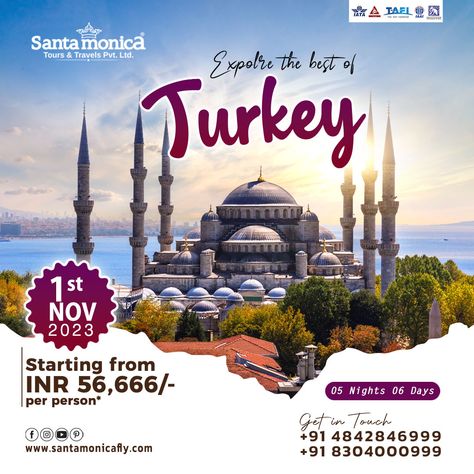 🕌 Your Dream Turkish Adventure Awaits! 🇹🇷✨ Embark on a tailor-made journey through the enchanting wonders of Turkey. From the historical marvels of Istanbul to the breathtaking landscapes, create your own adventure. 🌍🗺️ Uncover the magic of Turkey your way. Book your custom tour now! 🛫🌟Call Santamonica Tours & Travels at +91 830 4000 999 to book your spot. #santamonicatoursandtravels #turkey #turkeytourpackage #tourpackages #customtourackages #travel #wanderlust Islamic Countries, Turkey Tour, Create Your Own Adventure, Istanbul Travel, Turkey Travel, Travel Wanderlust, Breathtaking Landscapes, Instagram Design, Photoshop Design