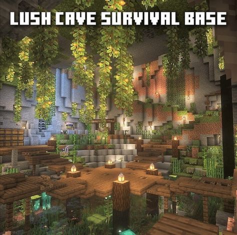 Minecraft Builds For Survival, Lush Cave Design Minecraft, Underground Farms Minecraft, Cave House Inspo Minecraft, Mining Base Minecraft, Minecraft Building Ideas Cave House, Minecraft In Cave House, Lush Cave House Ideas Minecraft, Underground Mc House