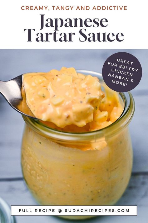 A jar of Japanese tartar sauce with a silver spoon Japanese Tartar Sauce Recipe, Sauce For Shrimp, Japanese Mayo, Tartar Sauce Recipe, Recipe For Shrimp, Japanese Sauce, Asian Sauce, Condiment Recipes, Fun Salads