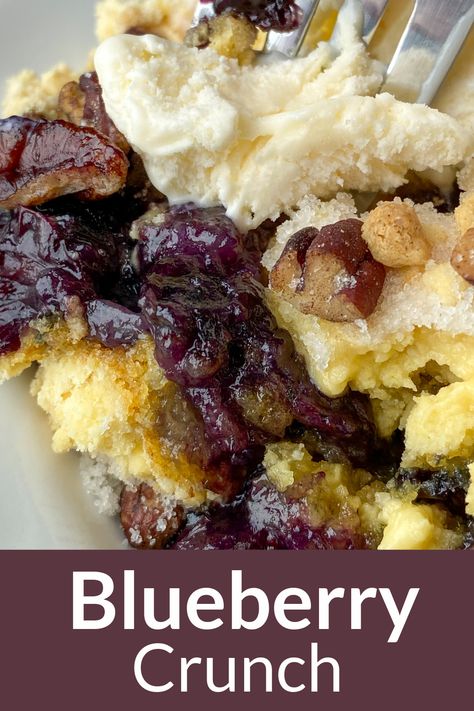 Close up fork full of Blueberry Crunch and ice cream Blueberry Crunch Dump Cake, Pie, Blueberry Crunch With Pineapple, Dump Cake Recipes Blueberry, Blueberry Crunch Recipe, Blueberry Pineapple Dump Cake, Berry Pie Filling Recipe, Blueberry Crunch Cake, Cake Recipes Blueberry