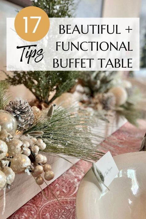 Setting A Buffet Table For A Party, Winter Buffet Decor, Buffet Table Ideas Decor For Wedding, How To Set Up A Christmas Buffet Table, Christmas Buffet Set Up, Setting The Table For Christmas, Buffett Christmas Decor, Christmas Buffet Decor Ideas, Christmas Buffet Table Food Decorating Ideas