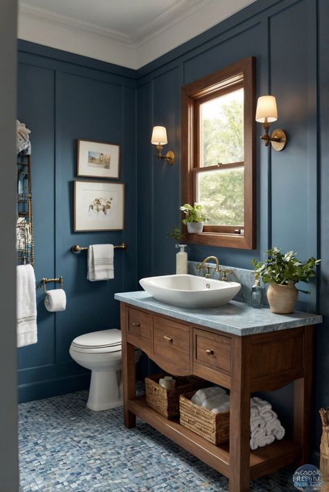 home decor interior design, space planning, interior bedroom design, kitchen designs Grey And Dark Blue Bathroom, Traditional Bathroom Blue, Blue Bathroom With Dark Brown Vanity, Vintage Blue Wall Color, Bathroom Ideas Dark Colors, Antique Blue Bathroom, Sw 7604 Smoky Blue, Modern Blue Powder Room, Sw Slate Tile Bathroom