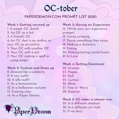 Oc Ideas Inspiration, Drawing Prompt List, Oc Drawing Prompts, Oc Tober, Oc Prompts, 30 Day Art Challenge, Art Journal Challenge, 30 Day Drawing Challenge, Draw Your Oc