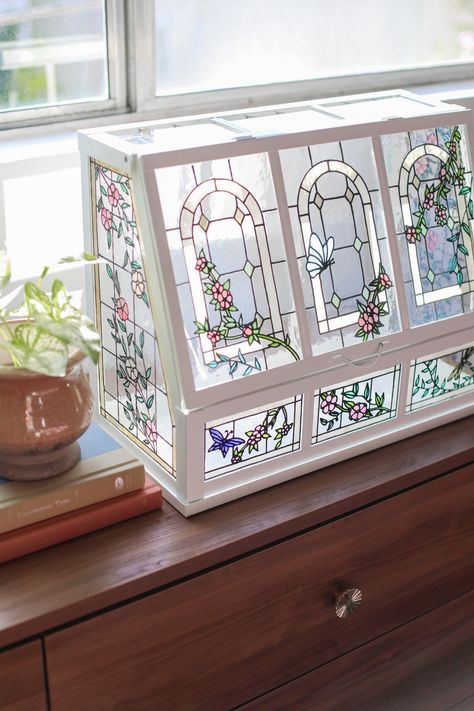 Make a Stained Glass Greenhouse with the IKEA AKERBAR — Entertain the Idea Ikea Stained Glass Storage, Ikea Glass Cabinet Greenhouse, Stained Glass Storage Ideas, Stained Glass Cabinet, Ikea Greenhouse, Glass Greenhouse, Tiny Balcony, Diy Staining, زجاج ملون