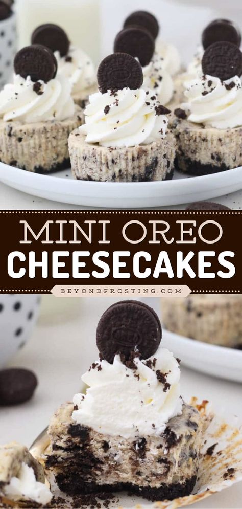 Looking for more Mother's Day dessert ideas? Learn how to make Mini Oreo Cheesecakes! They're so easy. From the crust to the filling to the topping, these cheesecake bites are loaded with Oreo cookies! Save this Mother's Day baking recipe! Mini Wedding Deserts, Desserts To Take To Work, Pie, Individual Oreo Cheesecake Cups, Mini Cheesecake Recipes Oreo, Quick Oreo Cheesecake, Mini Cheesecake Recipes Chocolate, Oreo Cookie Cheesecake Cups, Oreo Mini Cheesecake Cupcakes