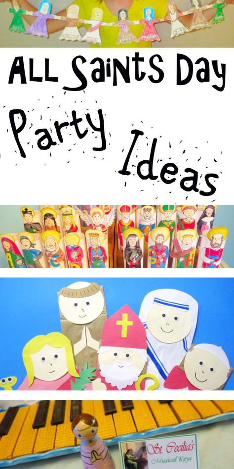 If you are having an All Saints' Day Party you have got to check out this awesome list of ideas! Games, costumes, crafts, and more! #catholicicing #allsaintsday #catholickids #liturgicalliving #catholicrafts Saints Day Crafts For Kids, How To Celebrate All Saints Day, Catholic Halloween Crafts, All Saints Day Party Games, All Saints Party, All Saints Party Ideas, All Saints Day Crafts For Kids, All Saints Day Crafts, All Saints Day Games