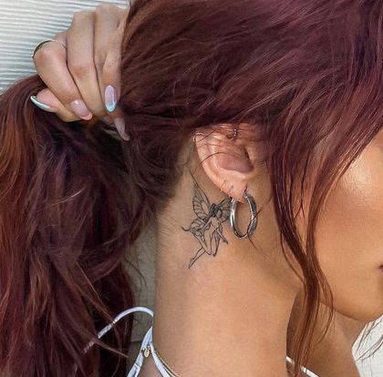 Behind The Ear Tattoo Ideas Aesthetic, Taurus Behind Ear Tattoo, Fairy Tattoo Behind Ear, Behind Thigh Tattoo, Back Of Ear Tattoos For Women, Tattoos Behind Ear For Women, Back Of Thigh Tattoo Women, Delicate Neck Tattoo, Back Of The Ear Tattoos For Women