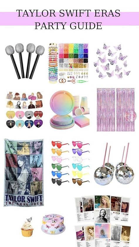 Taylor Swift Era Party Decorations, Eras Party Outfits, Eras Viewing Party, Eras Party Decorations, Taylor Swift Party Theme Ideas, Taylor Swift Bday Decoration, Taylor Swift Party Activities Ideas, Taylor Swift Themed Sleepover Ideas, Eras Tour Viewing Party