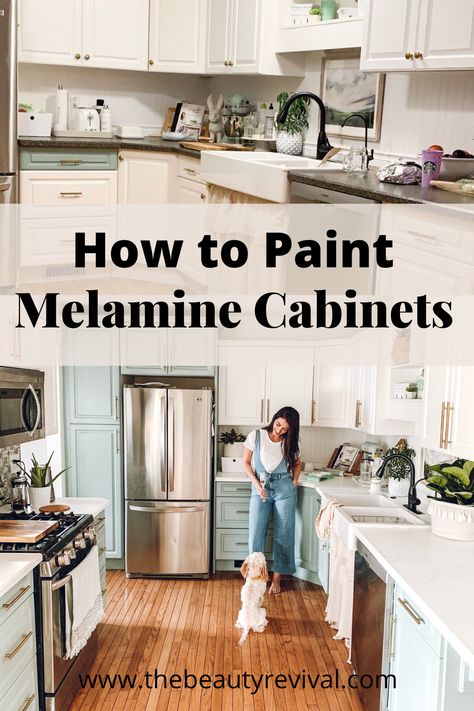 How to paint melamine cabinets. Cheap budget friendly kitchen makeover idea! Diy Updated Kitchen Cabinets, Paint Laminate Kitchen Cabinets, Painting Melamine Kitchen Cabinets, Painted Melamine Kitchen Cabinets, How To Paint Melamine Furniture, Painting Vinyl Wrapped Cabinets, How To Paint Melamine Cabinets, Melamine Cabinet Makeover, Inside Cabinets Makeover