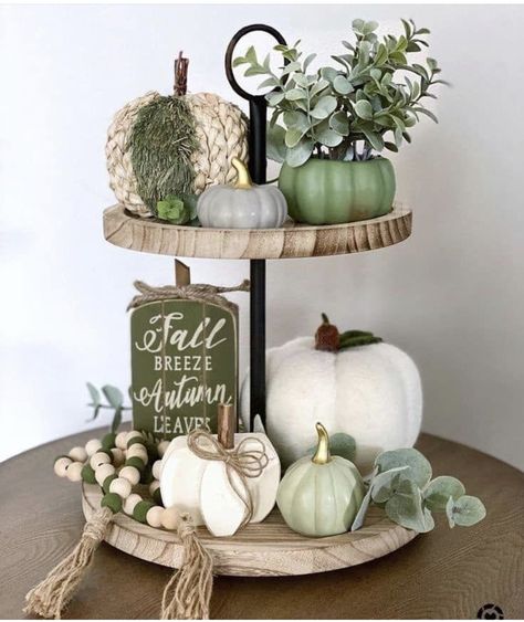 Sage Green And Orange Fall Decor, Neutral Fall Tiered Tray Decor, Black White And Green Fall Decor, Green Fall Home Decor, Green And Brown Fall Decor, Green And Cream Fall Decor, Fall Green Decor, Green Fall Decor Ideas, Green Autumn Decor