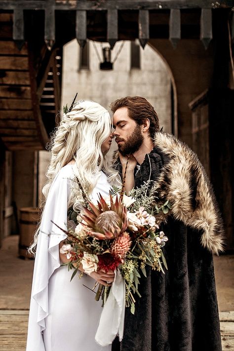 Game Of Throne Weddings, Vikings Wedding Theme, Modern Viking Wedding Dress, Medieval Times Wedding, Viking Wedding Tuxedo, Game Of Thrones Wedding Hair, Viking Wedding Photography, Viking Wedding Photos, Viking Wedding Groom Outfit