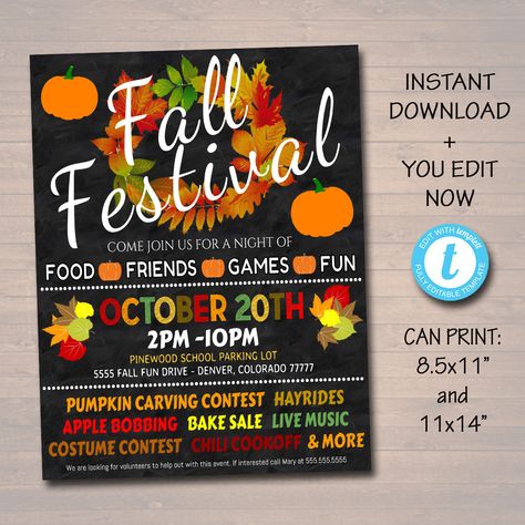 TidyLadyPrintables Church Fall Festival Ideas, Harvest Festival Ideas, Seniors Crafts, Bonfire Ideas, Fall Festival Flyer, Ward Activities, Festival Invitation, Printable Halloween Invitations, Fall Bonfire