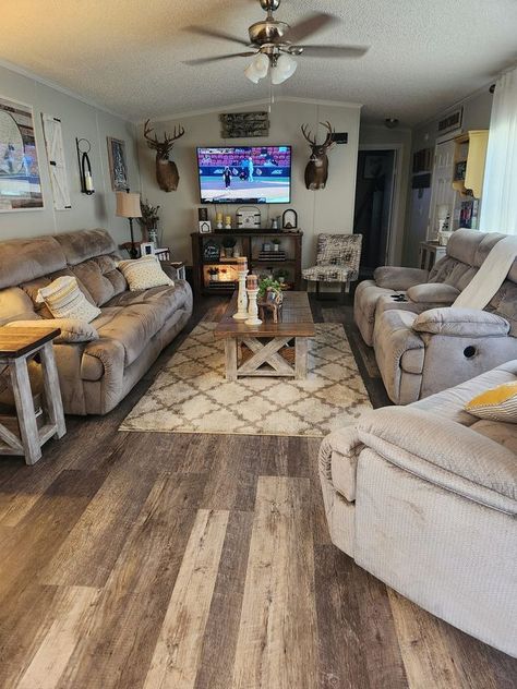 Mobile Home Remodel Farmhouse Style🐄🐽 | My husband installed this Lifeproof vinyl plank flooring in our living room this weekend | Facebook Lifeproof Vinyl Plank Flooring, Country Apartment Decor, Lifeproof Vinyl, Mobile Home Remodel, Remodel Farmhouse, Western Living Room, Country Bedroom Decor, Mobile Home Renovations, Single Wide Mobile Homes