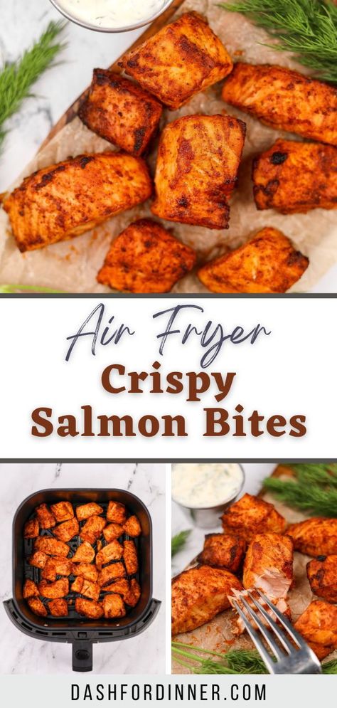 If you're looking for healthy air fryer recipes, you need to try these easy Air Fryer Salmon Bites! Versatile, delicious, and made with just a handful of ingredients, this easy salmon recipe is perfect for dinner, appetizers, or meal prep. Flavorful, flaky, and packed with protein. Easy Air Fryer Salmon, Salmon In Air Fryer, Salmon Bites Recipe, Easy Salmon Recipe, Rice And Vegetables, Creamy Dill Sauce, Salmon Bites, Healthy Air Fryer, Easy Salmon Recipes