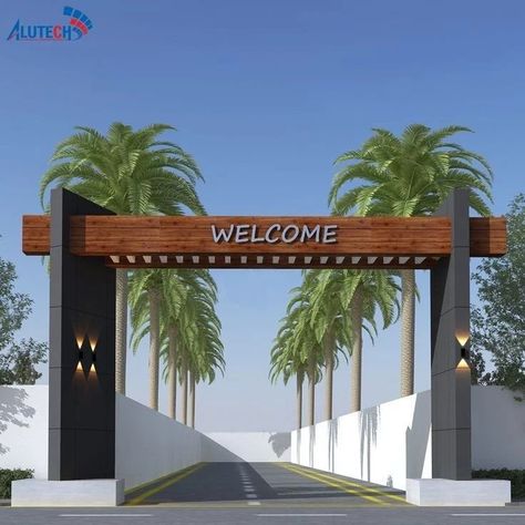 Signage Design Outdoor Entrance, Entrance Gates Design Architecture Front Entry, Entry Gate Design, Entrance Way, Front Gate, Building Front Designs, Entrance Signage, Home Gate Design, Compound Wall Design