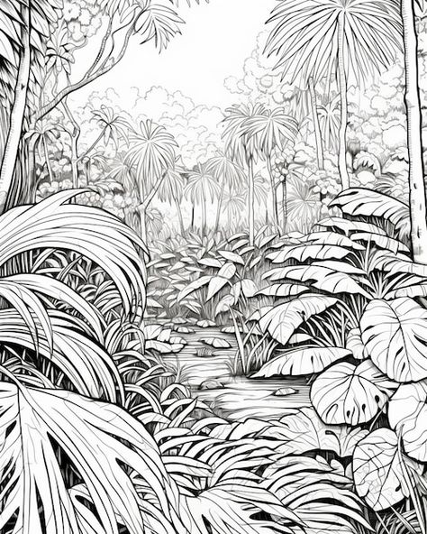 Tropical Rainforest Drawing, Jungle Drawing Sketches, Rain Forest Drawing, Jungle Art Tropical, Jungle Sketch, Drawing Landscapes, Jungle Coloring Pages, Jungle Drawing, Forest Sketch