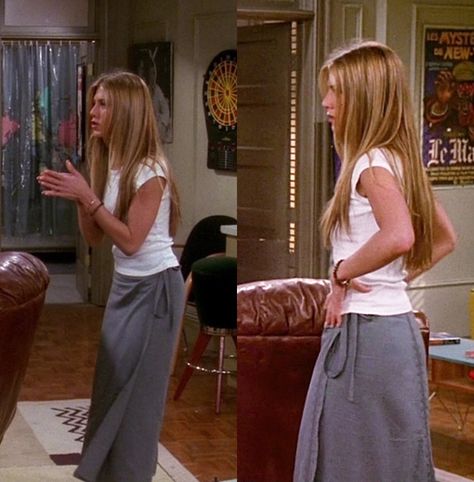 white baby tee, I guess its only in the 90s to find this. want one Rachel Green Summer Style, Jennifer Anniston Outfits 90s, 90s Wrap Skirt, Rachel Green White Outfit, Jennifer Aniston 90s Fashion, Green Skirt Work Outfit, Jennifer Aniston Summer Outfits, Jennifer Aniston Work Outfits, Rachel Green Grey Skirt