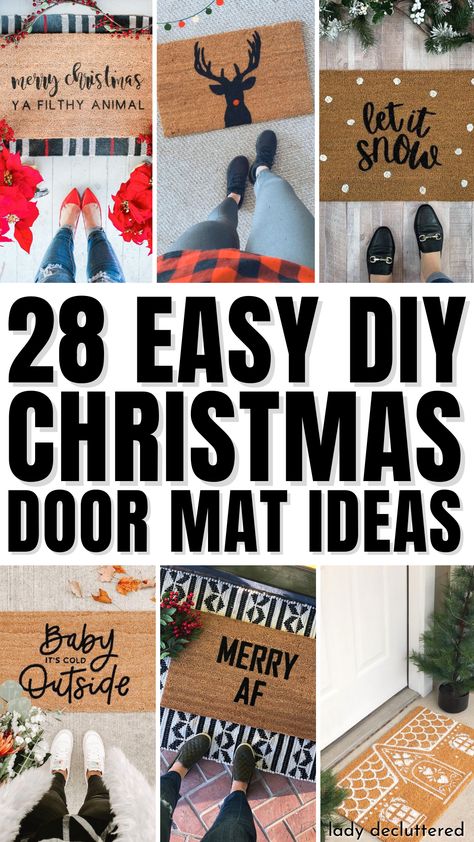 28 Easy DIY Christmas Door Mat Ideas Christmas Front Door Mats, How To Wrap A Door Mat As A Gift, Winter Door Mats Diy, Christmas Outdoor Rug Ideas, Grinch Door Mat Diy, Cricut Christmas Door Mat, Personalized Rugs Doormats, Diy Christmas Doormat Ideas, Doormat Christmas Diy