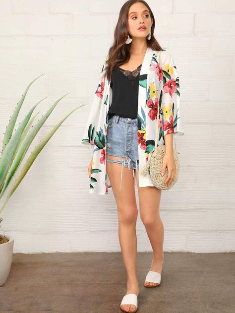 Floral Print Kimono, Boho Kimono, Print Kimonos, Long Kimono, Short Jeans, Beachwear For Women, Summer Fashion Outfits, Botanical Print, Casual Summer Outfits