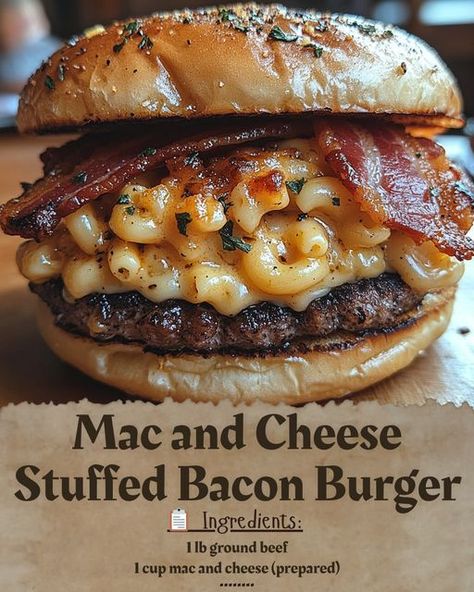 🍔🧀🥓 **Mac and Cheese Stuffed Bacon Burger** 🧀🍔 What happens when you combine the creamy goodness of mac and cheese with the smoky flavor of bacon inside a juicy burger patty? You get the **Mac and Cheese Stuffed Bacon Burger**—the ultimate indulgence for burger lovers! 😍🔥 👩‍🍳 **Ingredients:** - 1 lb ground beef - 1 cup prepared mac and cheese - ½ lb bacon, cooked and crumbled - 4 burger buns - Lettuce and tomato, for topping 🎯 **Instructions:** 1. **Prepare Patties**: Shape ground beef int... Bacon Cheeseburger Stuffed Peppers, Bacon Lasagna Burger, Waffle Burgers, Donut Burger, Bacon Lasagna, Good Burgers, Burger Sides, Mac And Cheese Burger, Grilled Burger Recipes