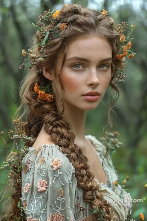 Fantasy Braids, Photography Figure, Κούρεμα Bob, Halo Braid, Mermaid Waves, Braids Ideas, Nature Goddess, Flowers In Her Hair, Fairy Hair