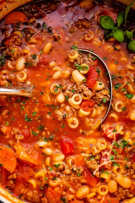 Pasta Fagioli is a comforting soup recipe that's perfect for Fall! You'll love the savory Italian sausage, tender white beans, and wholesome pasta, all cooked in a hearty tomato broth. Ditalini Soup, Easy Weeknight Recipes, Italian Beans, Pasta Fagioli Recipe, Pasta Fagioli Soup, Pasta E Fagioli Soup, Italian Sausage Pasta, Weeknight Recipes, Italian Soup