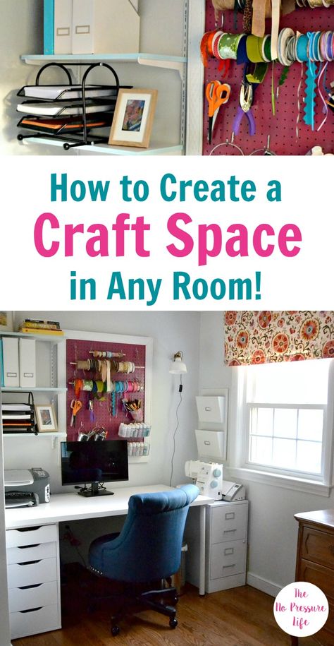 Don't have space for a whole craft room? This makeover shows you how to create a craft area in any room in your home - even if you only have a small space! You've got to check out the decorating and organizing ideas in this craft room makeover. #craftroom #diy #makeover #beforeandafter #diydecor #homedecor #organizedhome Small Craft Area, Craft Room Makeover, Small Craft Rooms, Organize Craft Supplies, Craft Room Design, Craft Space, Small Space Organization, Diy Craft Room, Craft Room Decor