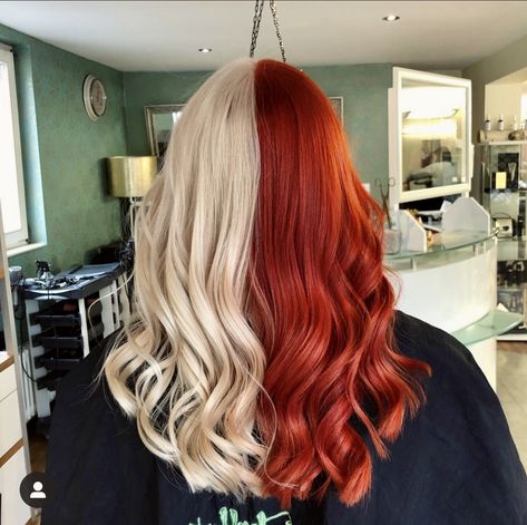 #splithair #red #blonde #white #haircolor #split Half Colored Hair, Two Color Hair, Red Orange Hair, Color Block Hair, Friends Boys, Silver White Hair, Red Blonde, Red Ombre Hair, Split Dyed Hair