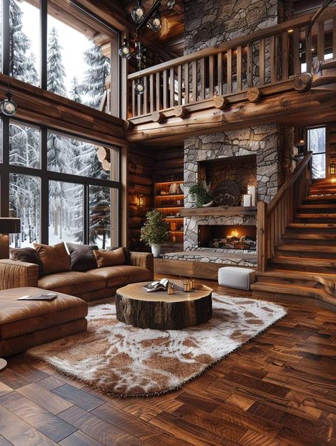 Wood Lodge Cabin, Woodsy Cabin Interior, Scandanavian Interiors Cabin, Dream Cabin In The Woods, Dark Wood Cabin, Moody Cabin Interior, Cabin Aesthetic Interiors, Mountain Lodge Living Room, Big House In The Woods