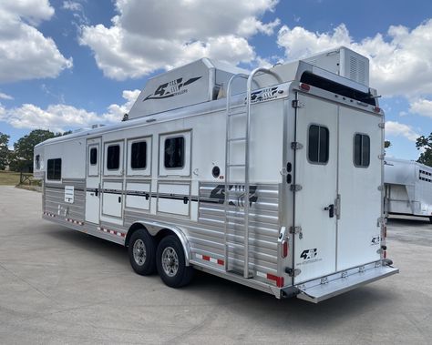 Pre-Owned 2023 4-Star Trailers, Inc. 4H Slant Side Rear Load w/ Trail Boss Conversions Inc $124,900.00 / Link In Bio 8'-0" x 29'-0" x 7'-6' Tall 2-8,000 Torsion Axles 5-235/85R 16 14-Ply Radial Tires Full Width Rear Tack 57" Wide EZ Lift Side Rear Ramp CS Werm Flooring Systems 10'-8" SW Soft Touch Walls 13,500 BTU A/C 16,000 BTU Furnace 6cu ft Refrigerator Power Awning 60 Gal Fresh Water Tank 6 Gal Hot Water Heater Exterior Water Faucet Roll Up Screen Door 4.0 Generator on Roof Wayne Hod... Horse Trailer Water Tank Ideas, 4 Horse Trailer, 10 Horse Trailer, Gooseneck Horse Trailer, Live In Horse Trailer, Luxury Fifth Wheel, Trail Boss, Water Faucet, Horse Trailers