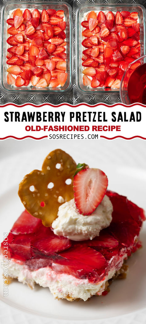 This Strawberry Pretzel Salad is a delightful dessert that surprises with its name and impresses with its taste. It features a crunchy pretzel crust, a sweet cream cheese and Cool Whip filling, and a strawberry Jell-O topping with fresh strawberries. Cream Cheese And Cool Whip, Pretzel Salad Recipe, Strawberry Pretzel Salad Recipe, Pretzel Dessert, Strawberry Pretzel Salad, Pretzel Salad, Strawberry Pretzel, Pretzel Crust, Strawberry Jello