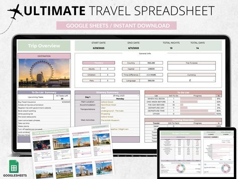 Ultimate Travel Spreadsheet Digital Travel Planner Travel Budget Google Sheets Vacation planner Editable Template Holiday Planner happyplannerideas #budgetfinances🎁 Excel Travel Planner, Financial Budget Spreadsheet, Budget Google Sheets, Vacation Planner Template, Travel Budget Planner, Google Agenda, Personal Budget Planner, Travel Template, Travel Itinerary Planner