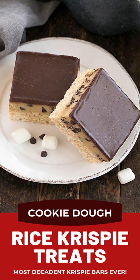 Cookie Dough Rice Krispie Treats - a decadent twist on the classic cereal bars with eggless cookie dough and ganache!! Eggless Cookie, Rice Krispie Bars, Eggless Cookie Dough, Krispie Treats Recipe, Homemade Snickers, Cereal Treats, Cereal Bars, Easy No Bake Desserts, Rice Crispy Treats